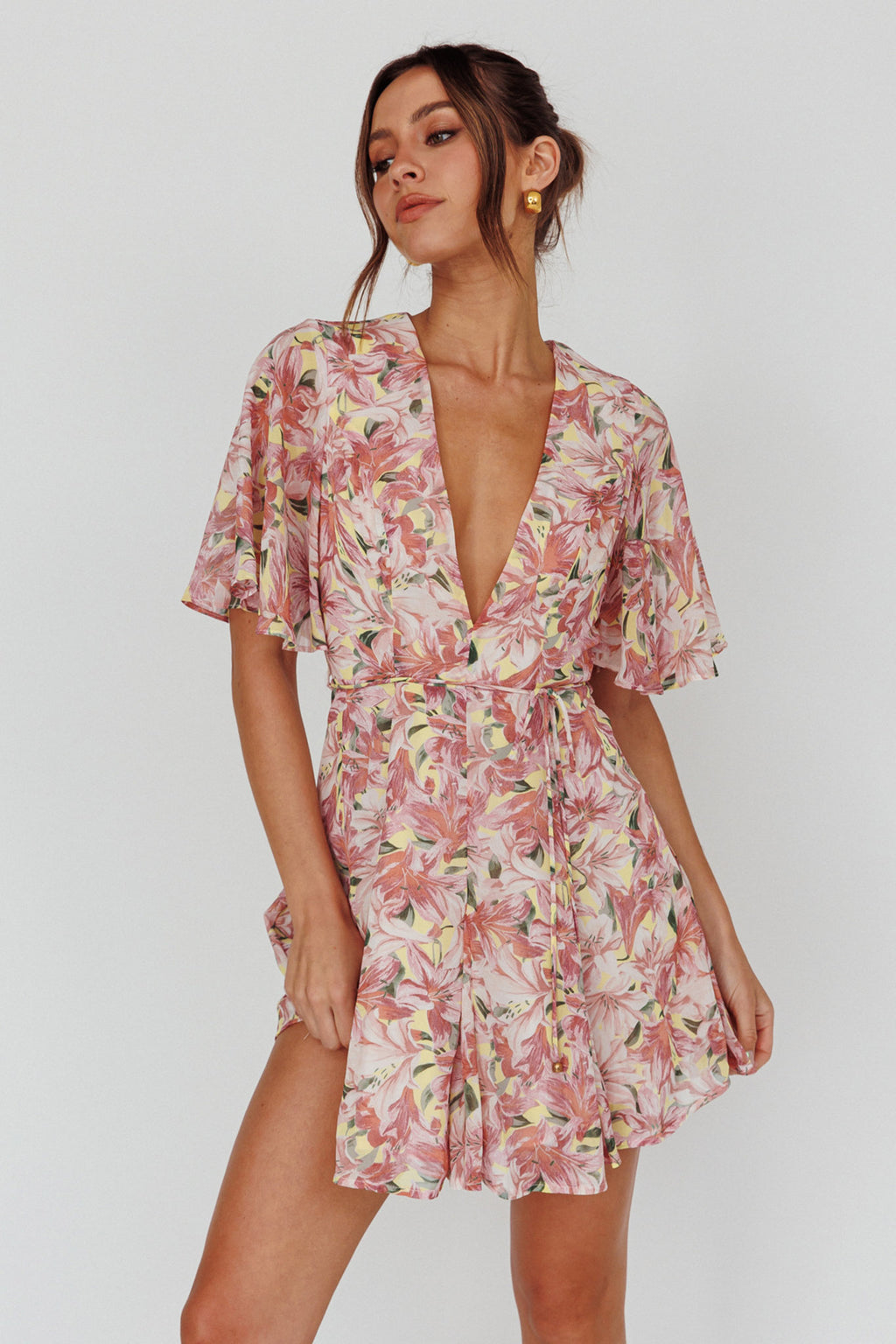 Estelle Angel Sleeve Dress Lily Print Yellow by Selfie Leslie