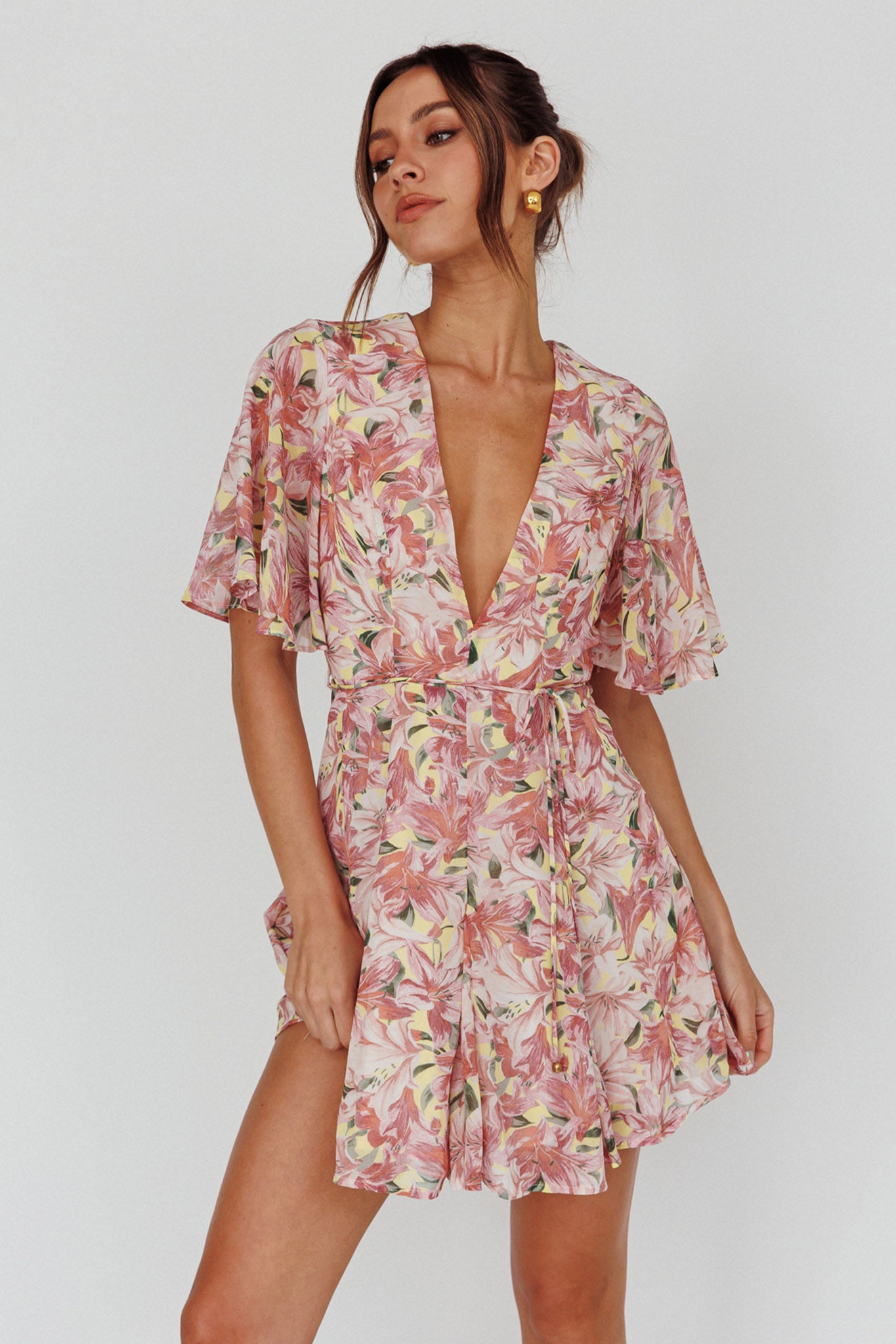 Estelle Angel Sleeve Dress Lily Print Yellow by Selfie Leslie