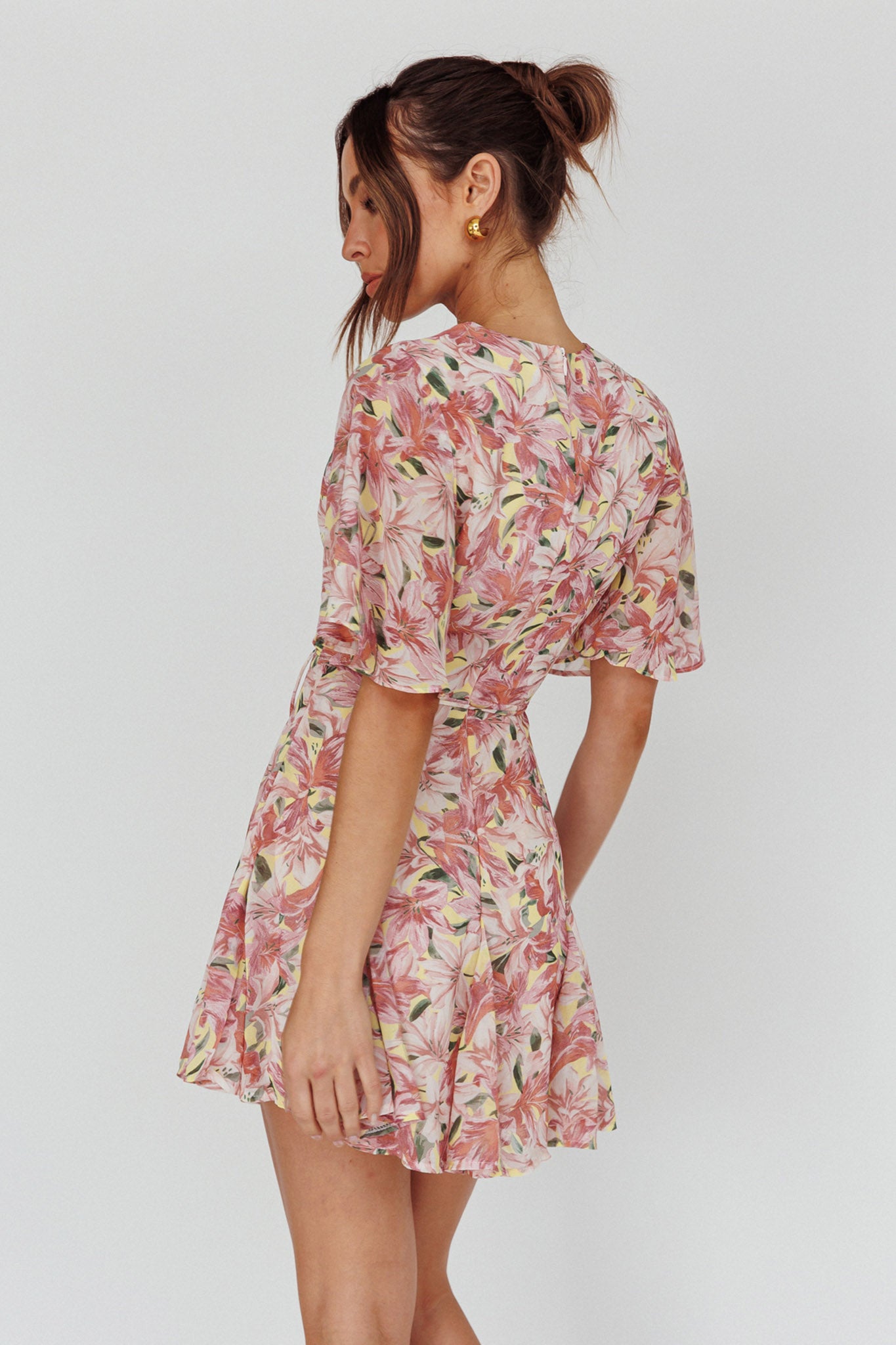 Estelle Angel Sleeve Dress Lily Print Yellow by Selfie Leslie
