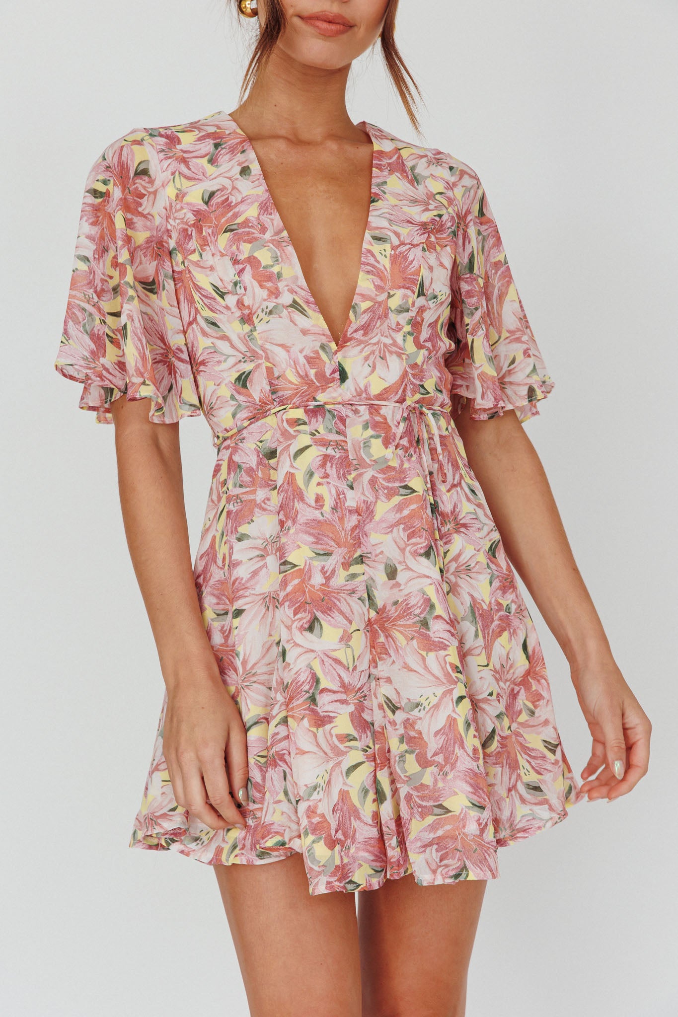 Estelle Angel Sleeve Dress Lily Print Yellow by Selfie Leslie
