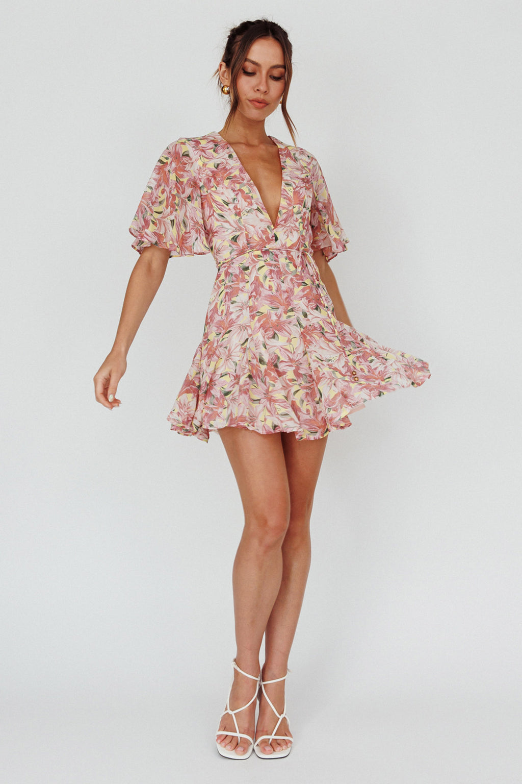 Estelle Angel Sleeve Dress Lily Print Yellow by Selfie Leslie