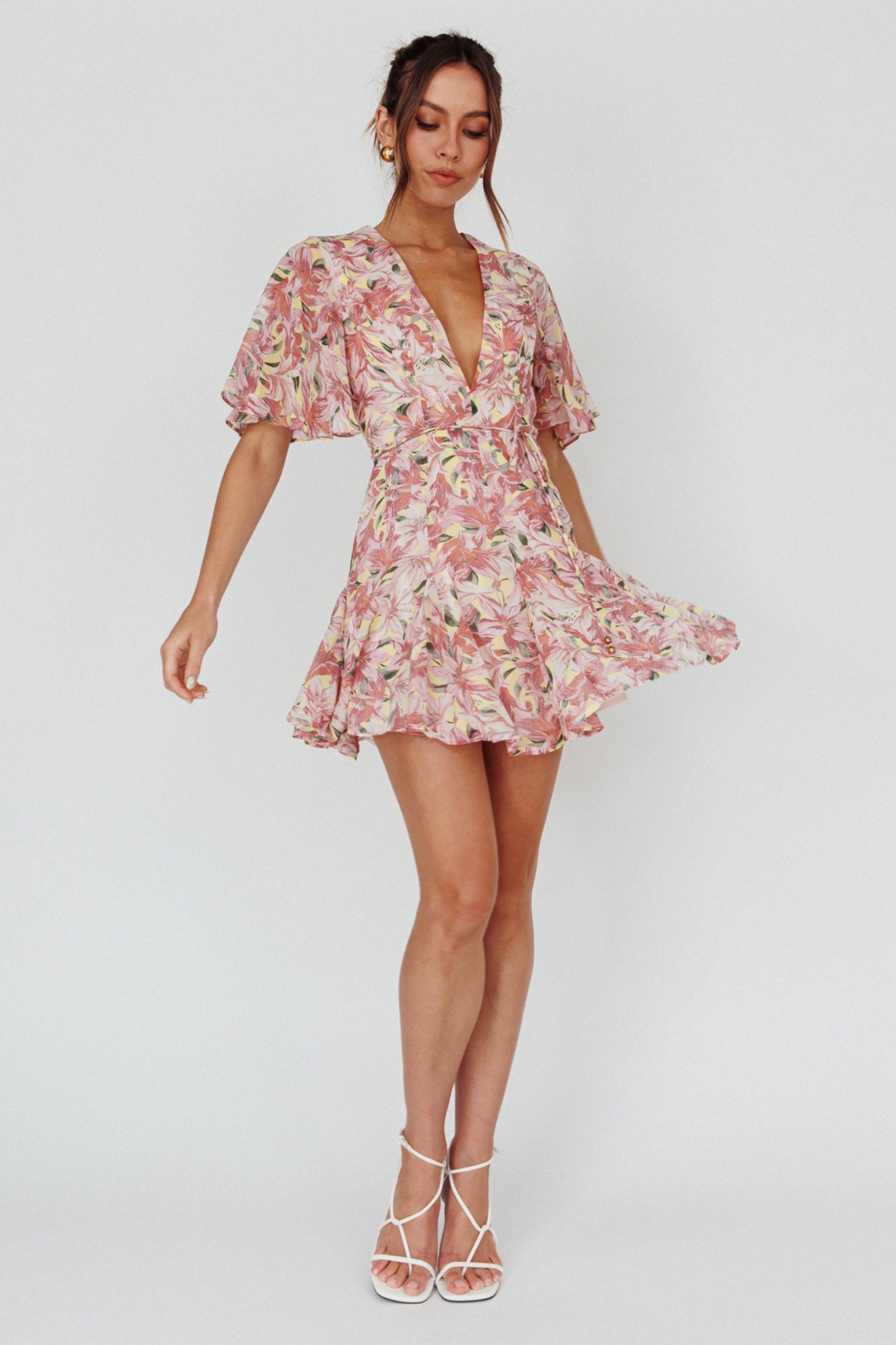 Estelle Angel Sleeve Dress Lily Print Yellow by Selfie Leslie