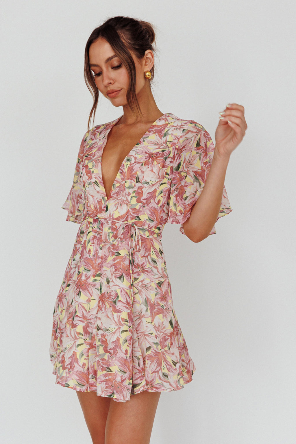 Estelle Angel Sleeve Dress Lily Print Yellow by Selfie Leslie