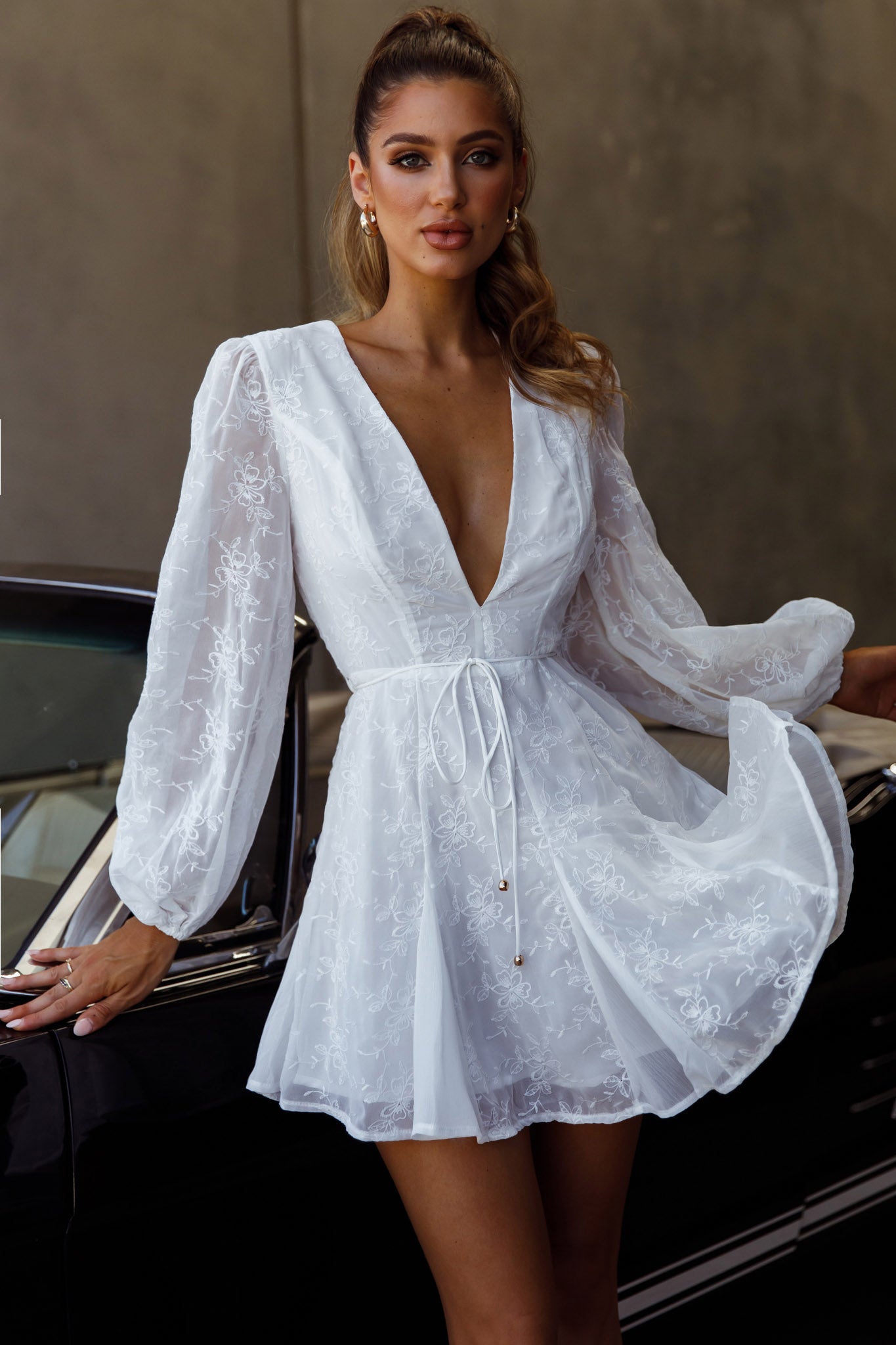 Estelle Long Sleeve V-Neckline Dress Embroidered White by Selfie Leslie