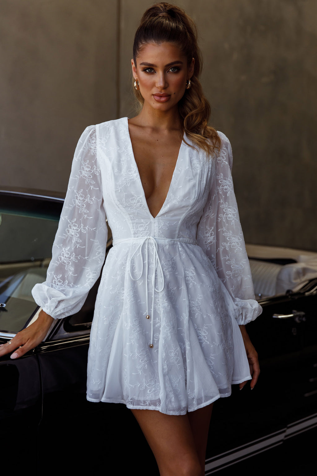 Estelle Long Sleeve V-Neckline Dress Embroidered White by Selfie Leslie