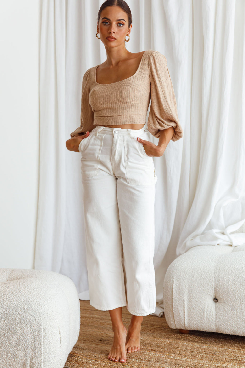 Love Like This Balloon Sleeve Open Back Crop Top Textured Beige by Selfie Leslie