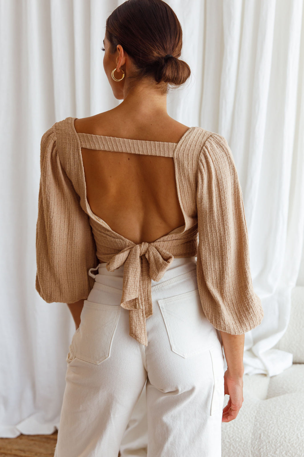 Love Like This Balloon Sleeve Open Back Crop Top Textured Beige by Selfie Leslie