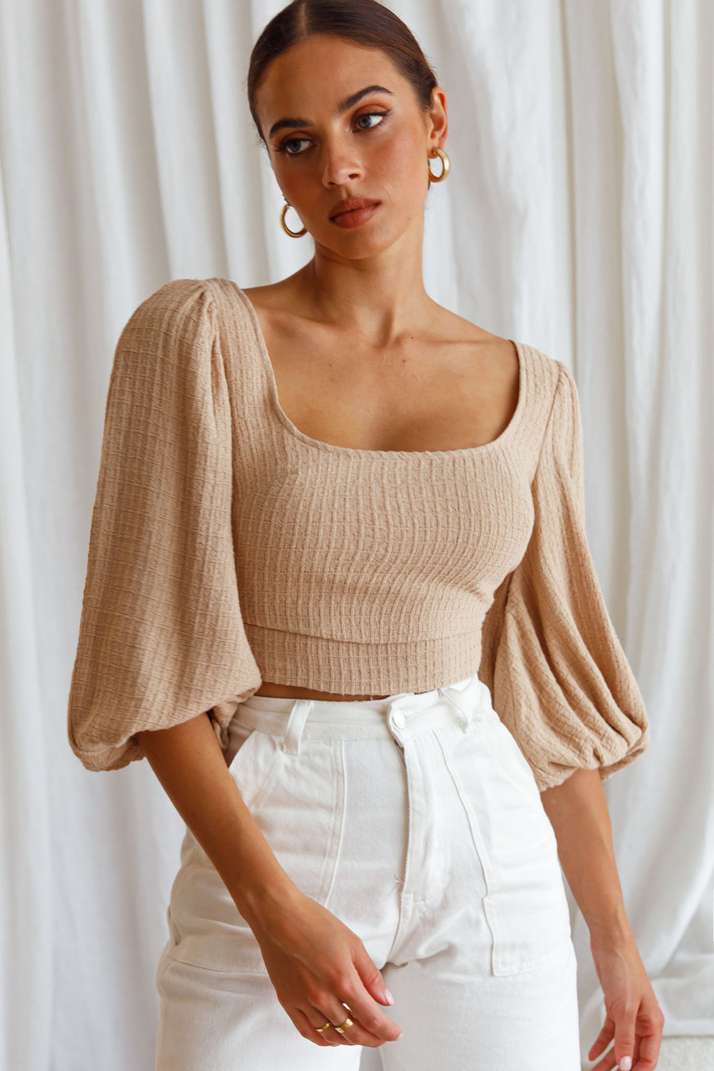 Love Like This Balloon Sleeve Open Back Crop Top Textured Beige by Selfie Leslie