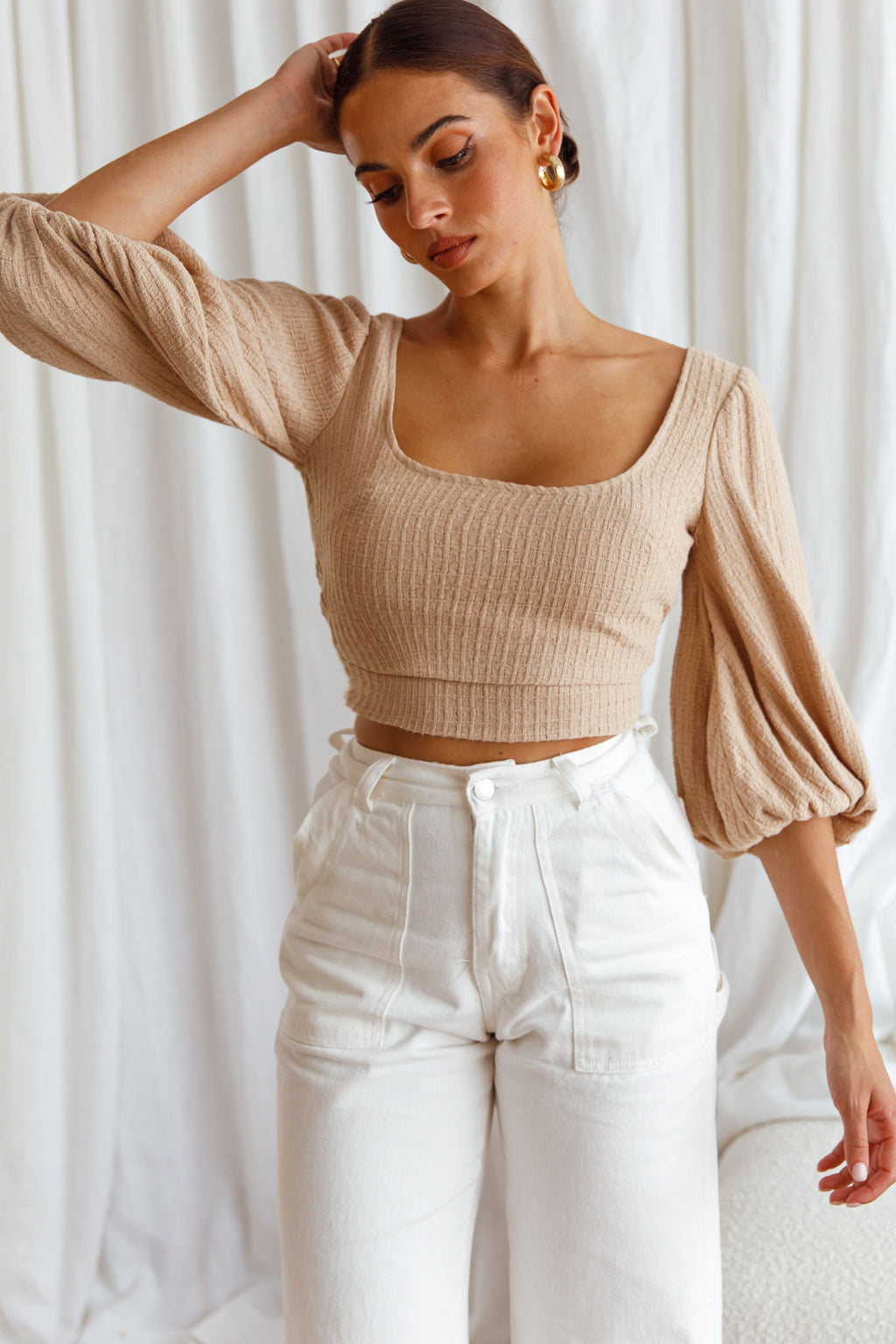 Love Like This Balloon Sleeve Open Back Crop Top Textured Beige by Selfie Leslie