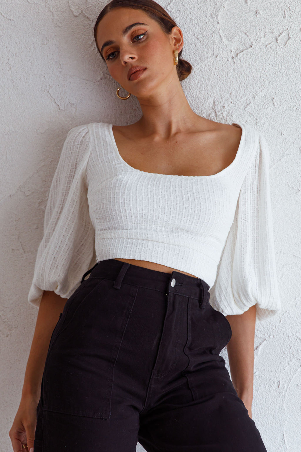 Love Like This Balloon Sleeve Open Back Crop Top Textured White by Selfie Leslie