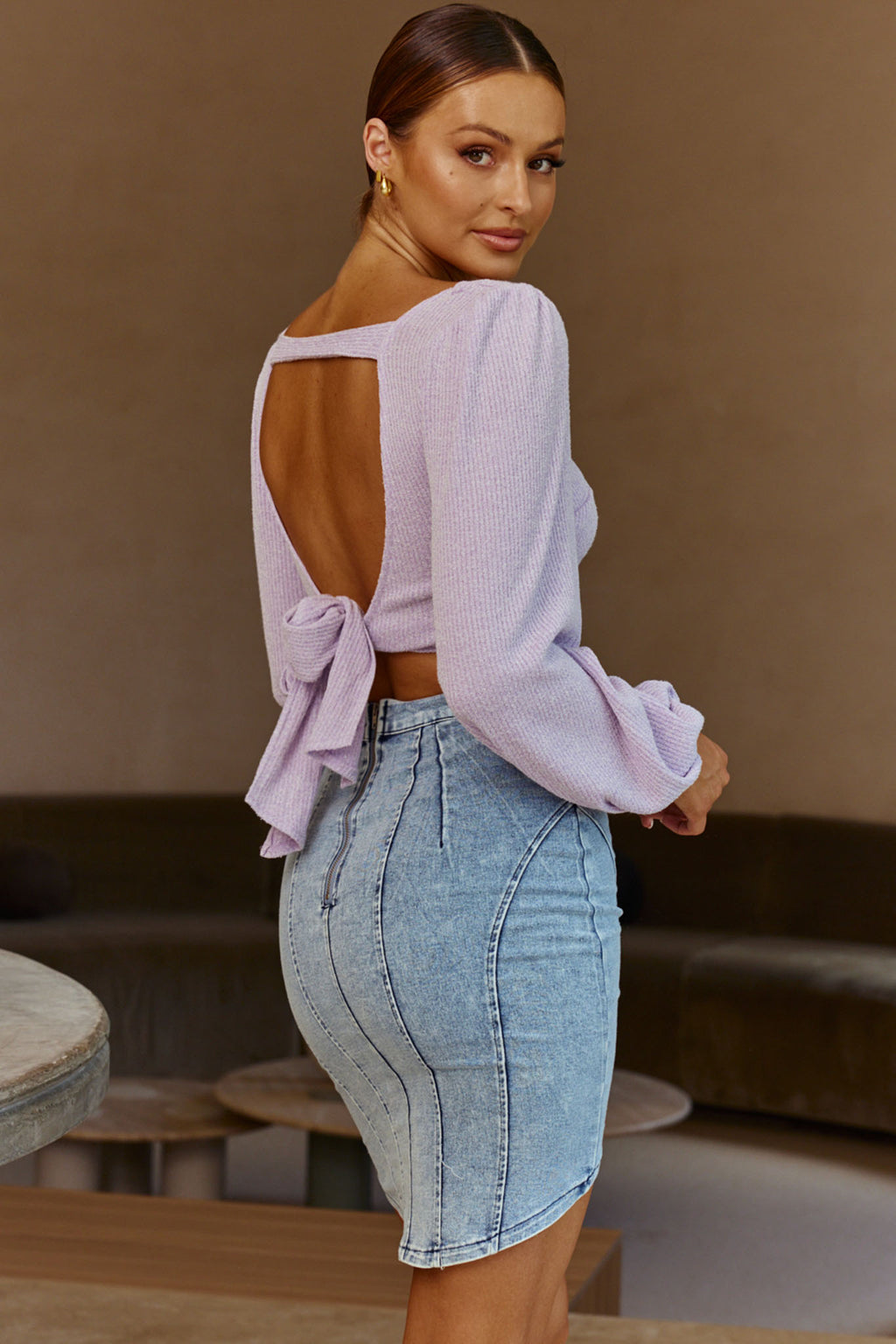 Love Like This Balloon Sleeve Open Back Crop Top Lilac by Selfie Leslie