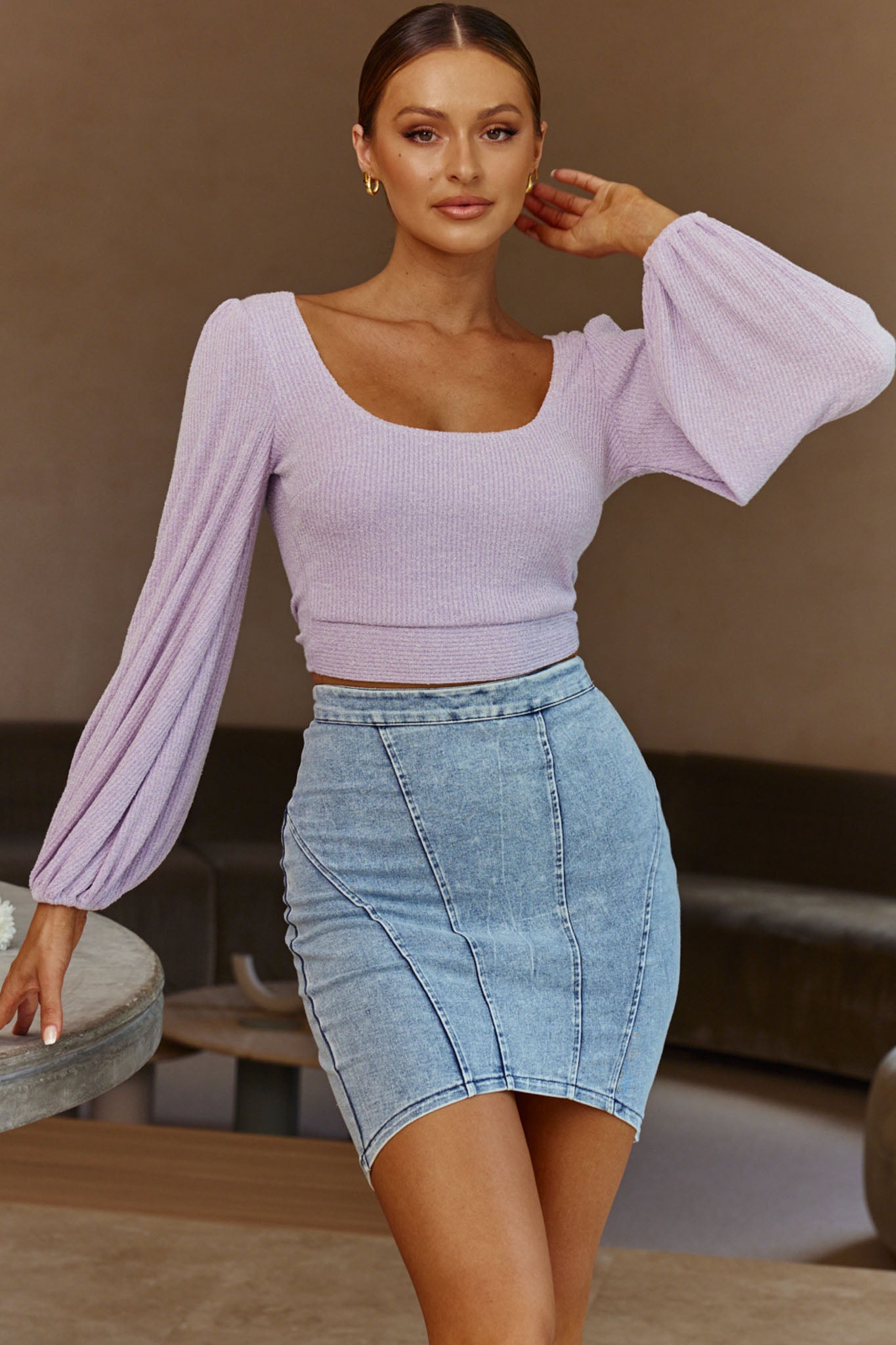 Love Like This Balloon Sleeve Open Back Crop Top Lilac by Selfie Leslie