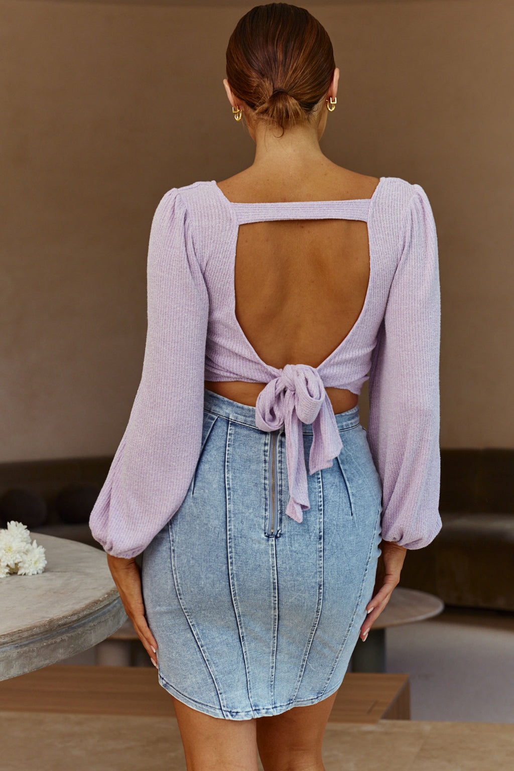 Love Like This Balloon Sleeve Open Back Crop Top Lilac by Selfie Leslie