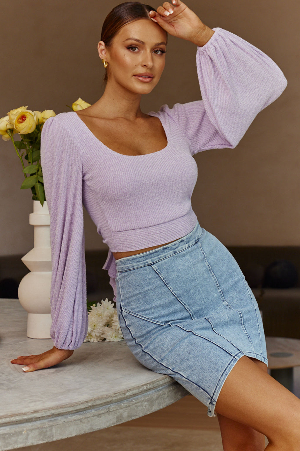 Love Like This Balloon Sleeve Open Back Crop Top Lilac by Selfie Leslie