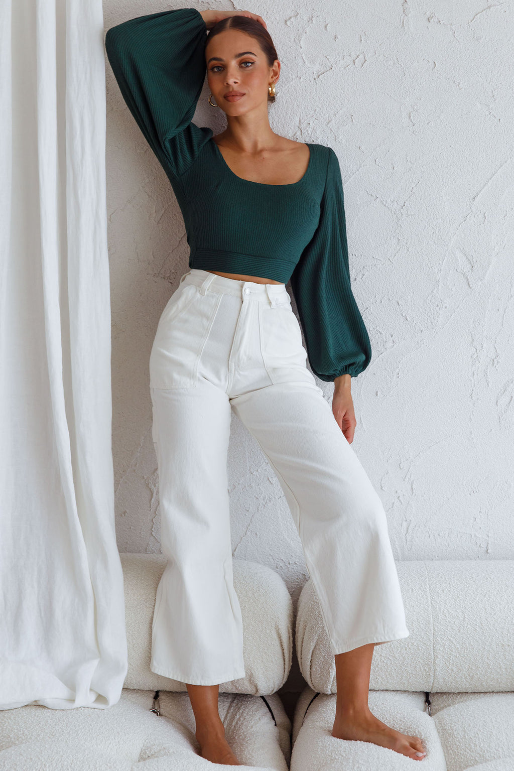 Love Like This Balloon Sleeve Open Back Crop Top Emerald Green by Selfie Leslie