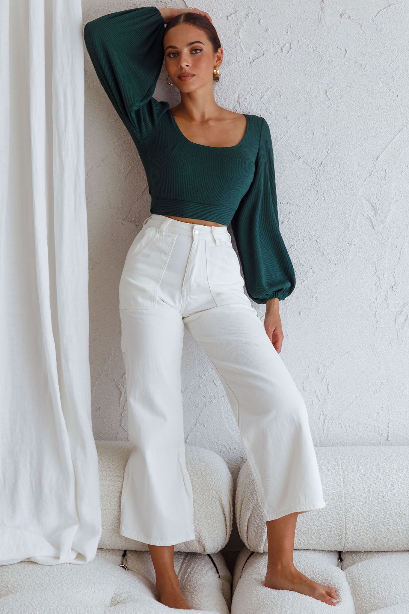 Love Like This Balloon Sleeve Open Back Crop Top Emerald Green by Selfie Leslie