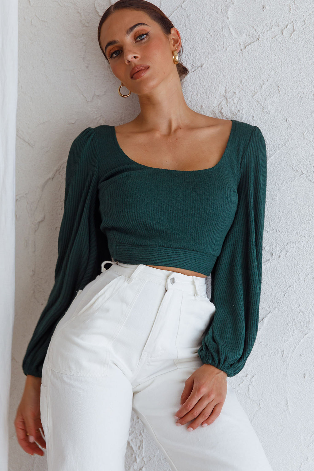 Love Like This Balloon Sleeve Open Back Crop Top Emerald Green by Selfie Leslie