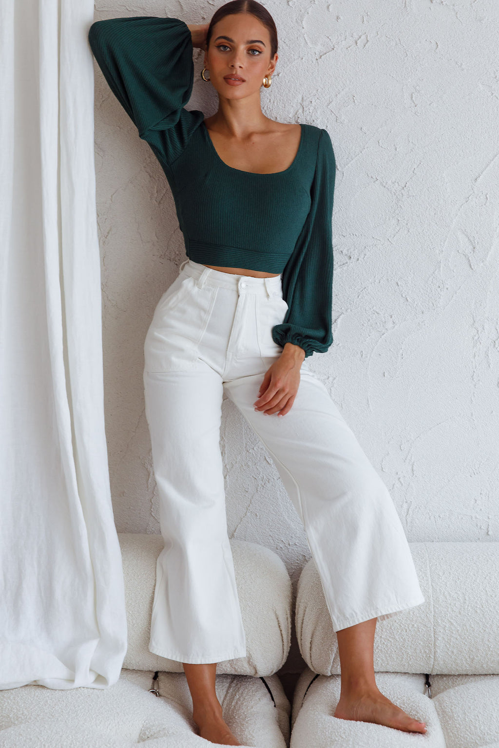 Love Like This Balloon Sleeve Open Back Crop Top Emerald Green by Selfie Leslie