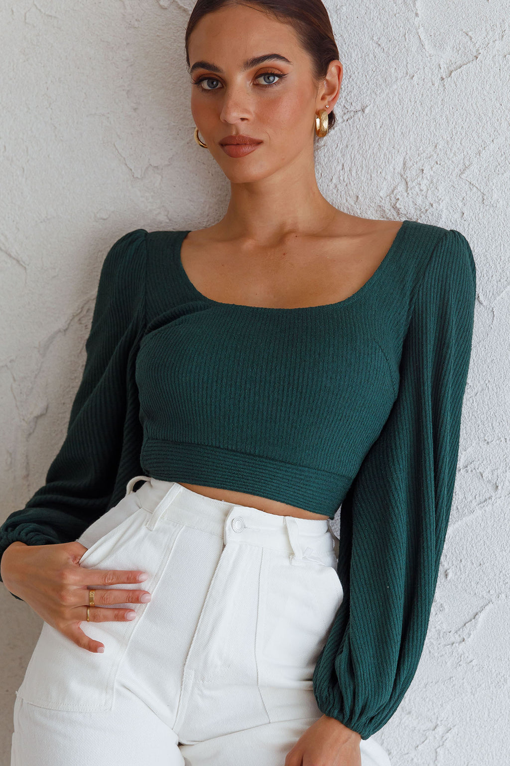 Love Like This Balloon Sleeve Open Back Crop Top Emerald Green by Selfie Leslie
