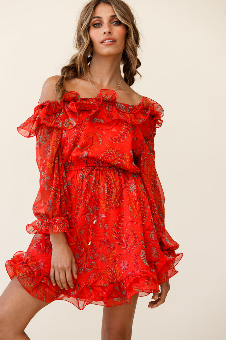 Rhiannon Off-Shoulder Lettuce Frill Dress Floral Print Red by Selfie Leslie
