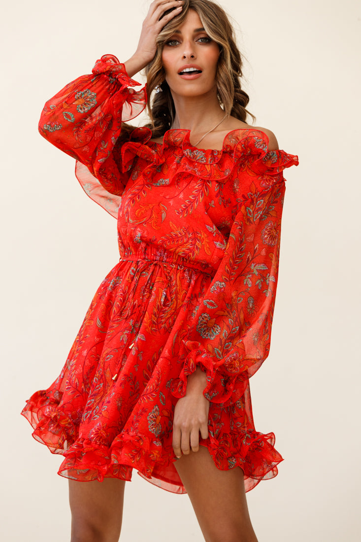 Rhiannon Off-Shoulder Lettuce Frill Dress Floral Print Red by Selfie Leslie