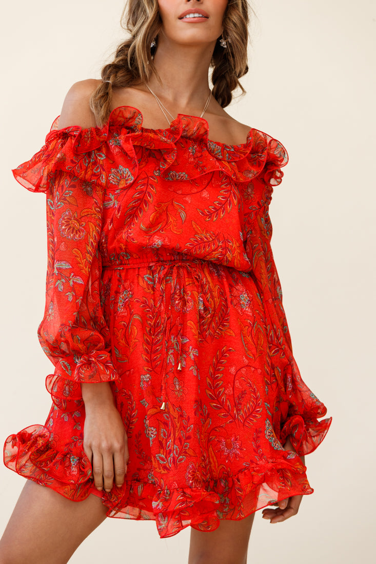 Rhiannon Off-Shoulder Lettuce Frill Dress Floral Print Red by Selfie Leslie
