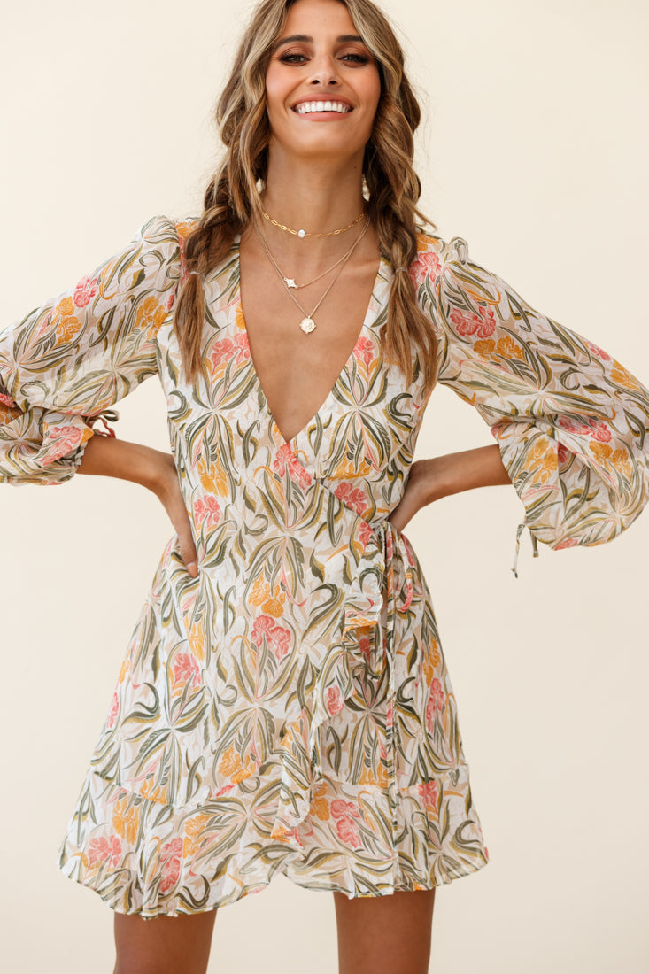 Hartley Balloon Sleeve Wrap Dress Floral Print Green by Selfie Leslie