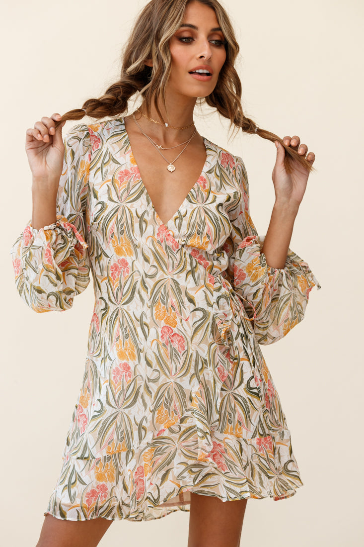 Hartley Balloon Sleeve Wrap Dress Floral Print Green by Selfie Leslie
