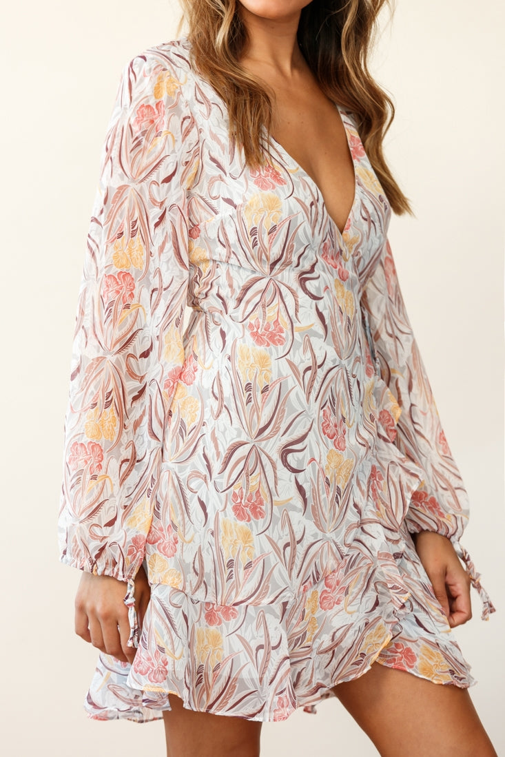 Hartley Balloon Sleeve Wrap Dress Floral Print Grey by Selfie Leslie
