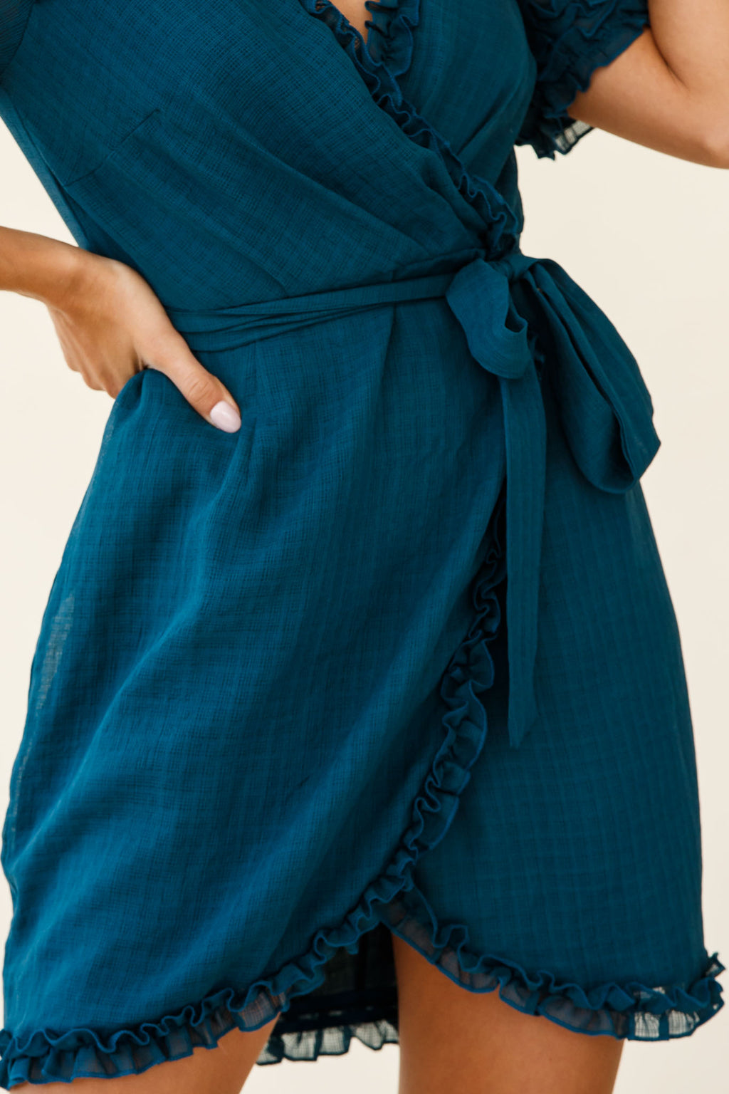 Shandra Short Sleeve Frill Trim Wrap Dress Teal by Selfie Leslie