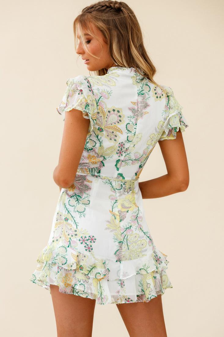 Lark High Neck Ruffle Sleeve Floral Print Dress Green by Selfie Leslie