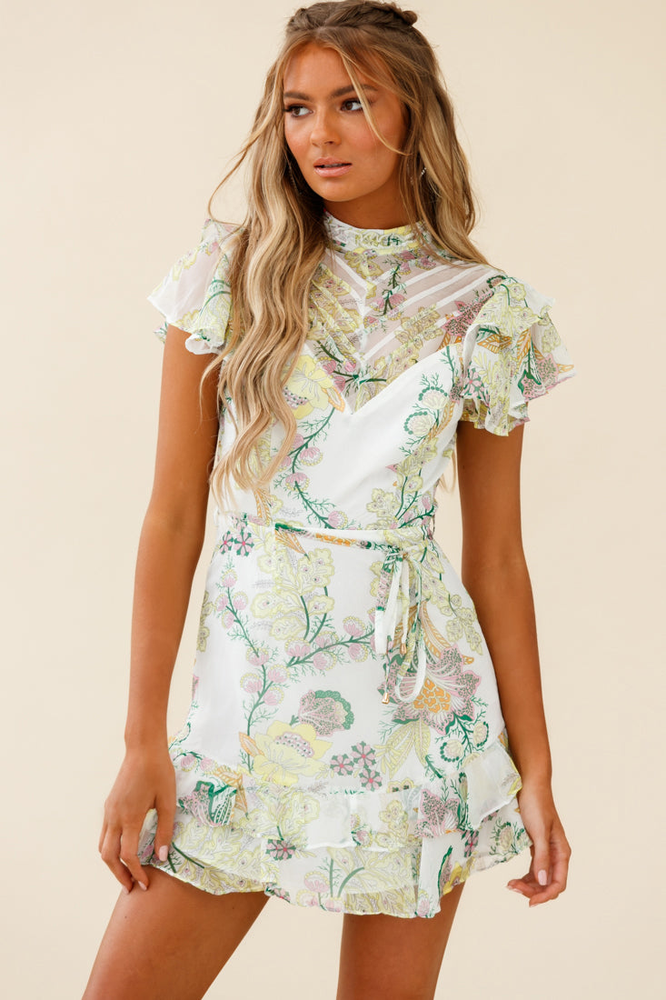 Lark High Neck Ruffle Sleeve Floral Print Dress Green by Selfie Leslie