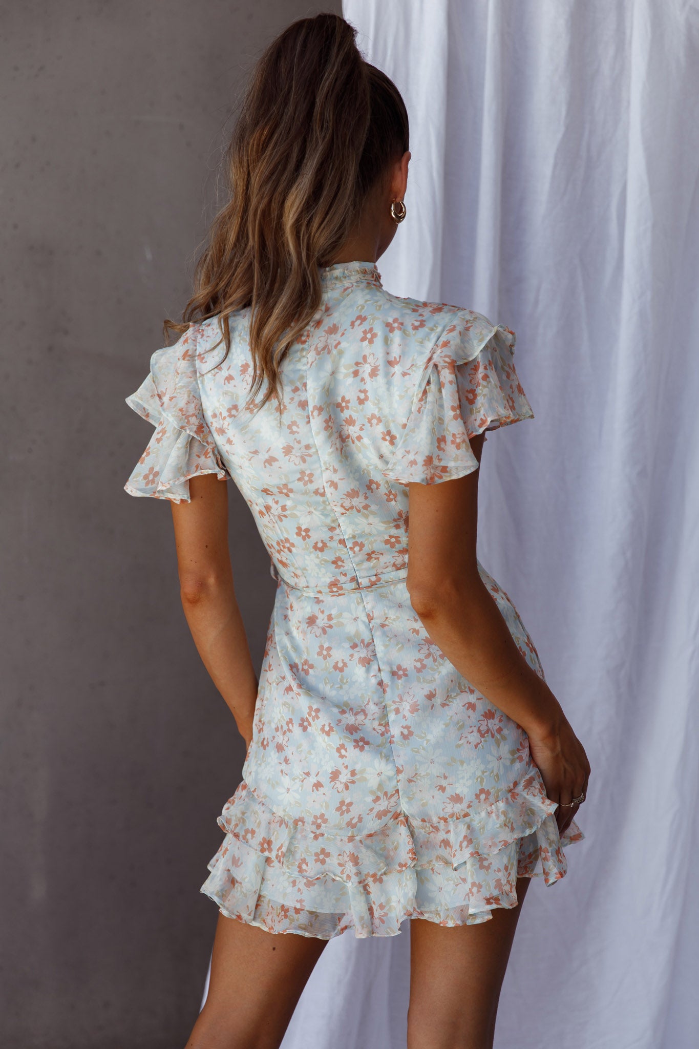 Lark High Neck Ruffle Sleeve Dress Flower Print Aqua by Selfie Leslie