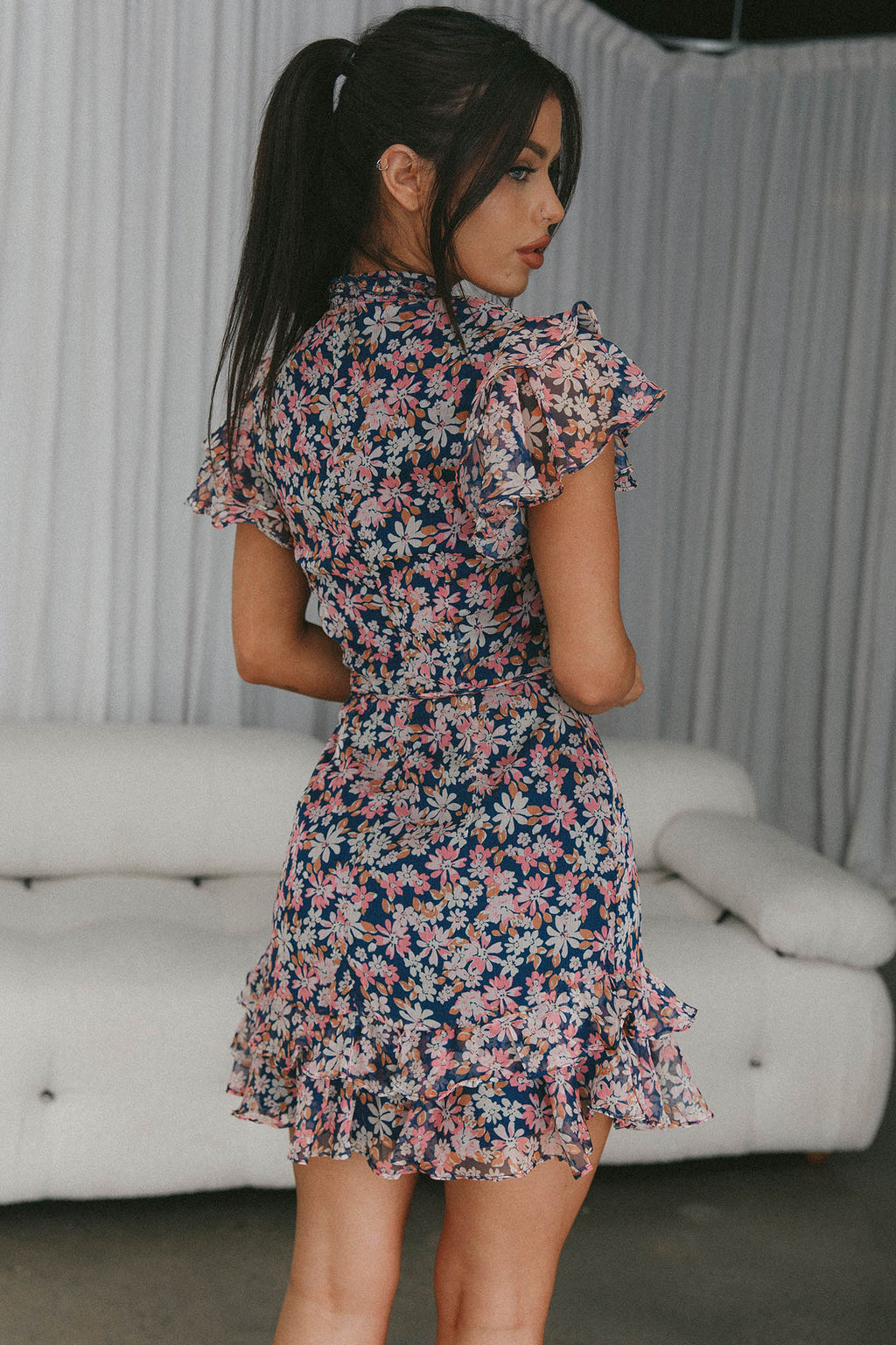 Lark High Neck Ruffle Sleeve Dress Flower Print Navy by Selfie Leslie