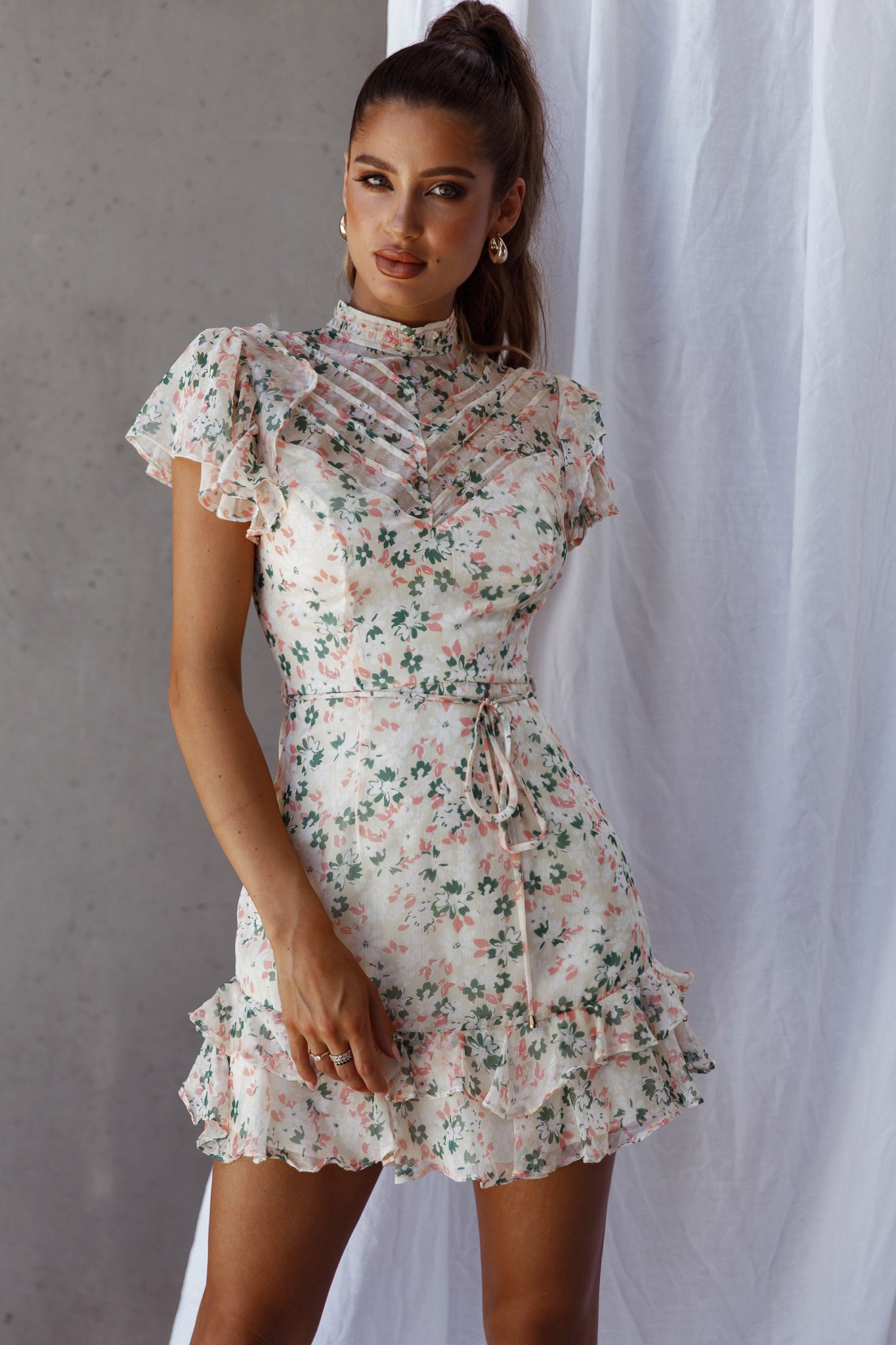 Shop the Lark High Neck Ruffle Sleeve Dress Flower Print Yellow