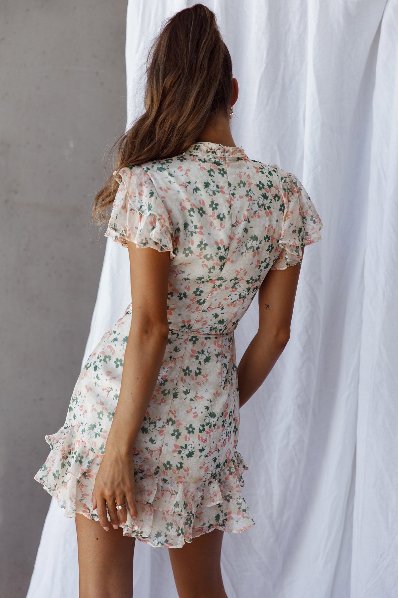 Lark High Neck Ruffle Sleeve Dress Flower Print Yellow by Selfie Leslie