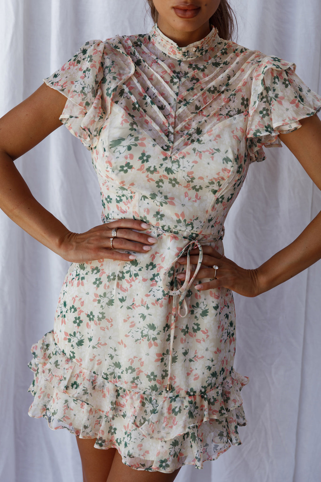 Lark High Neck Ruffle Sleeve Dress Flower Print Yellow by Selfie Leslie