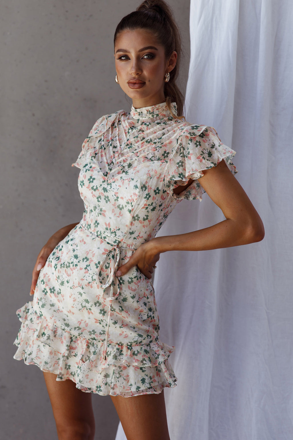 Lark High Neck Ruffle Sleeve Dress Flower Print Yellow by Selfie Leslie