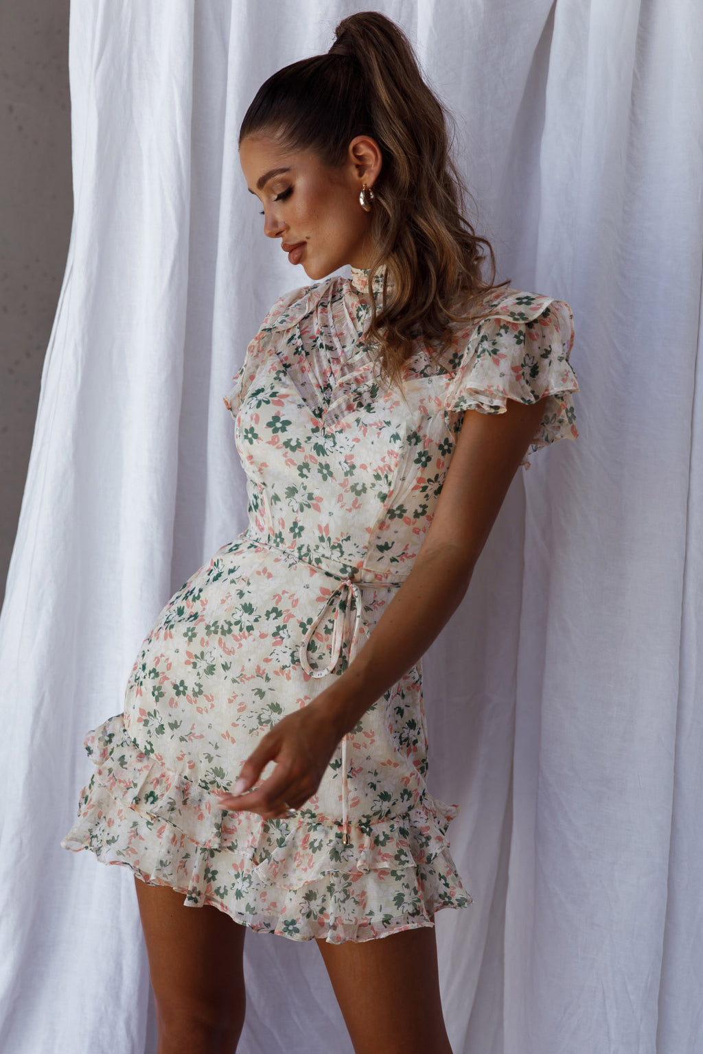 Lark High Neck Ruffle Sleeve Dress Flower Print Yellow by Selfie Leslie
