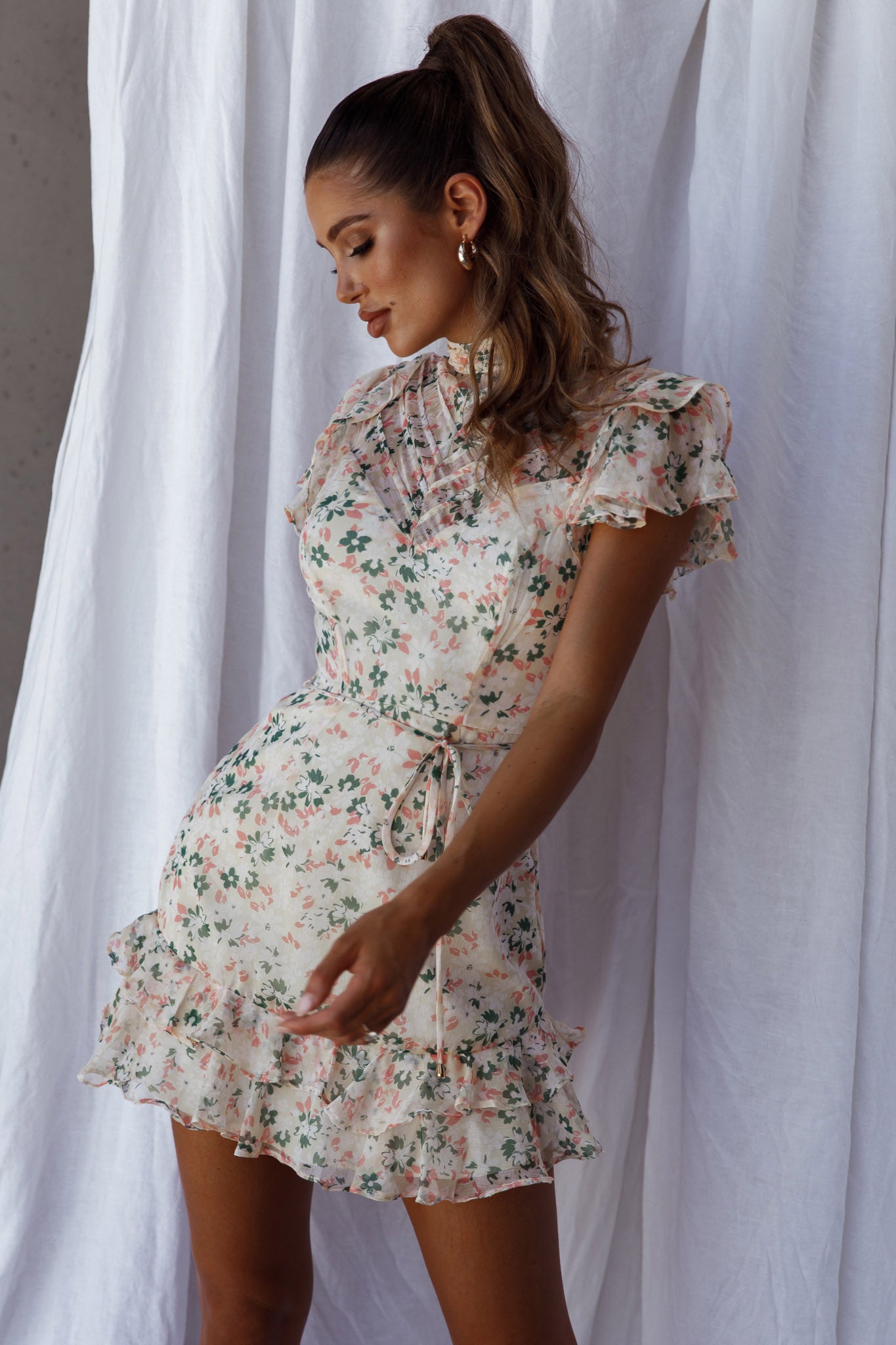 Lark High Neck Ruffle Sleeve Dress Flower Print Yellow by Selfie Leslie
