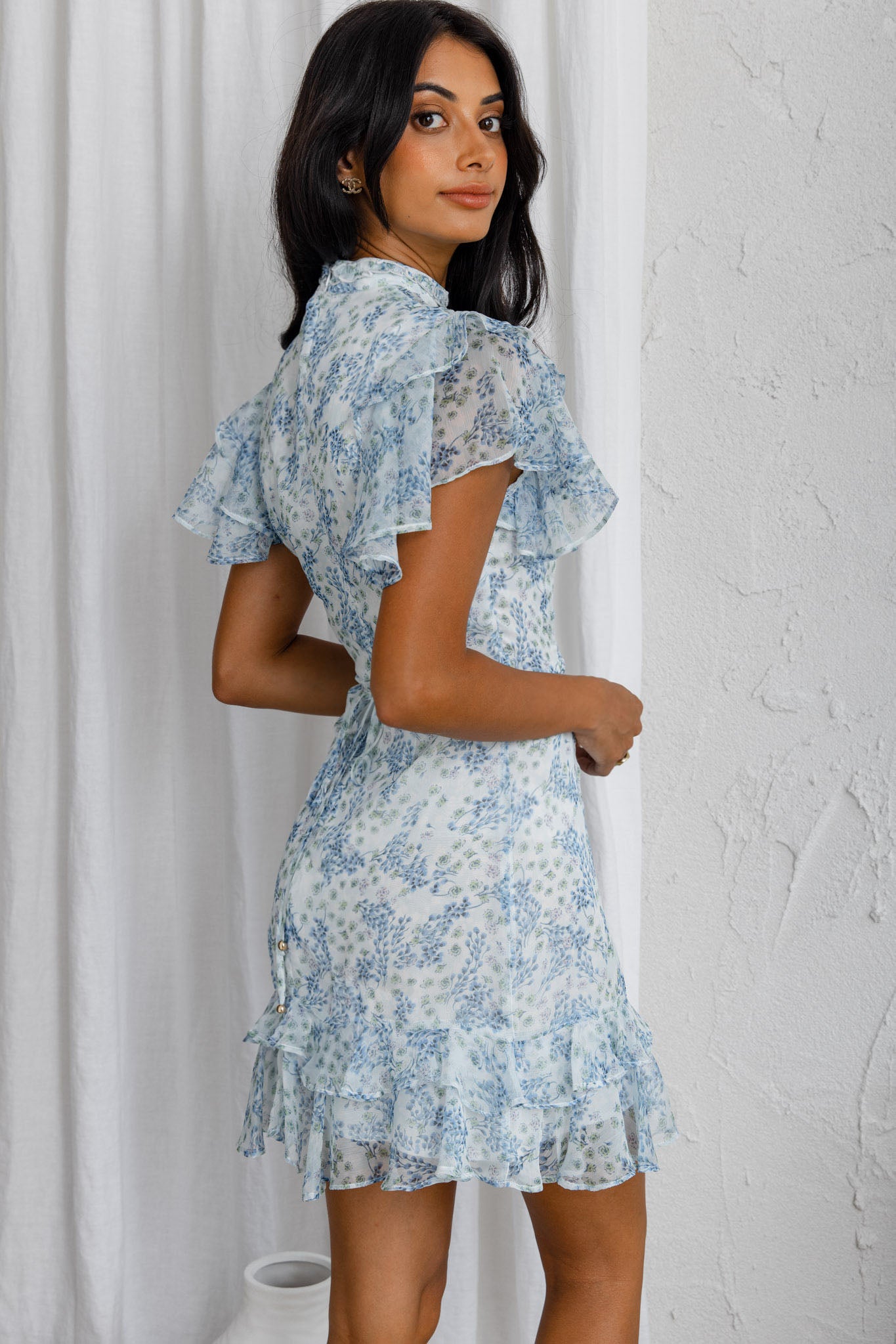 Lark High Neck Ruffle Sleeve Dress Clover Print Blue by Selfie Leslie