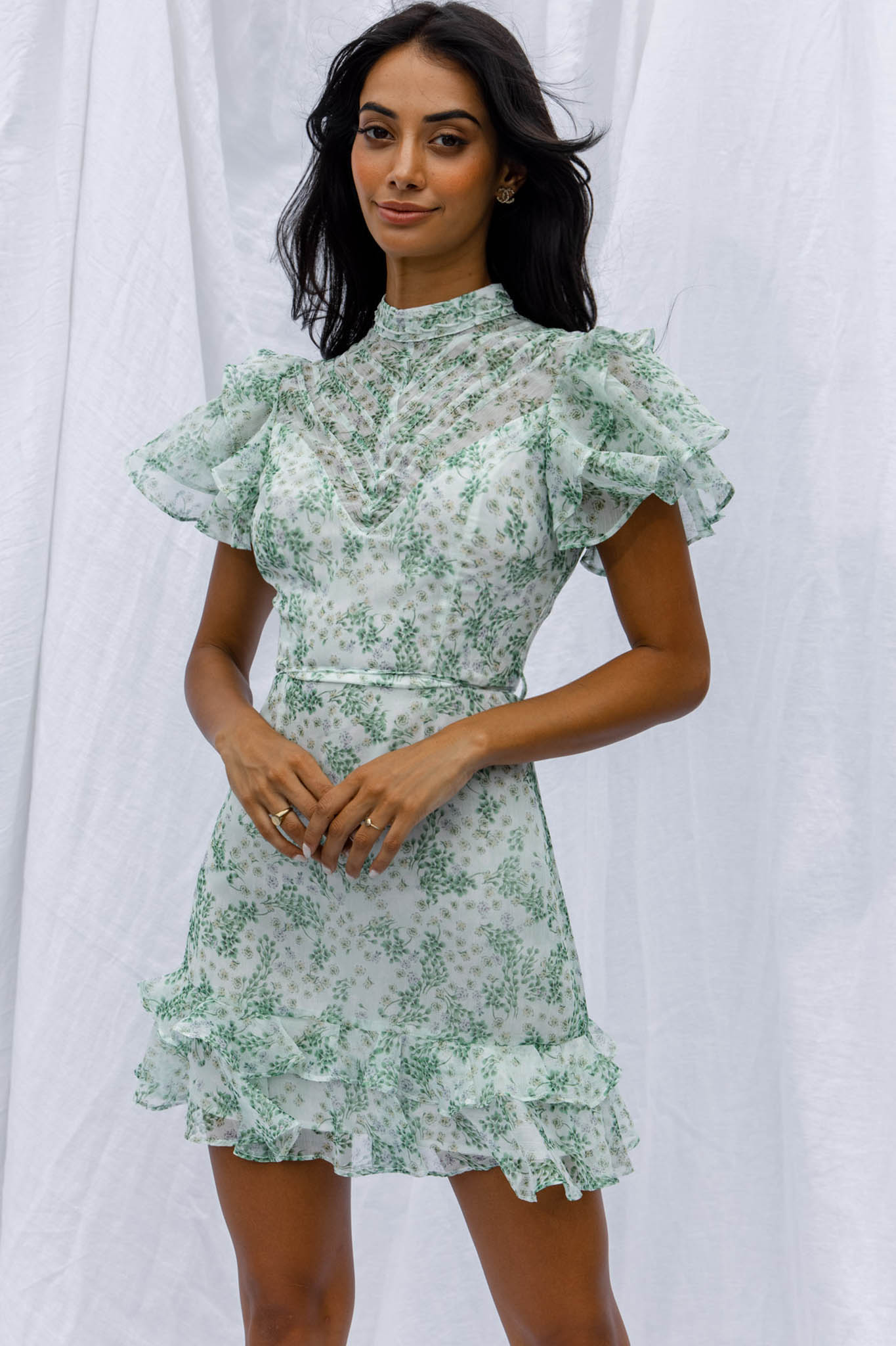 Lark High Neck Ruffle Sleeve Dress Clover Print Green by Selfie Leslie