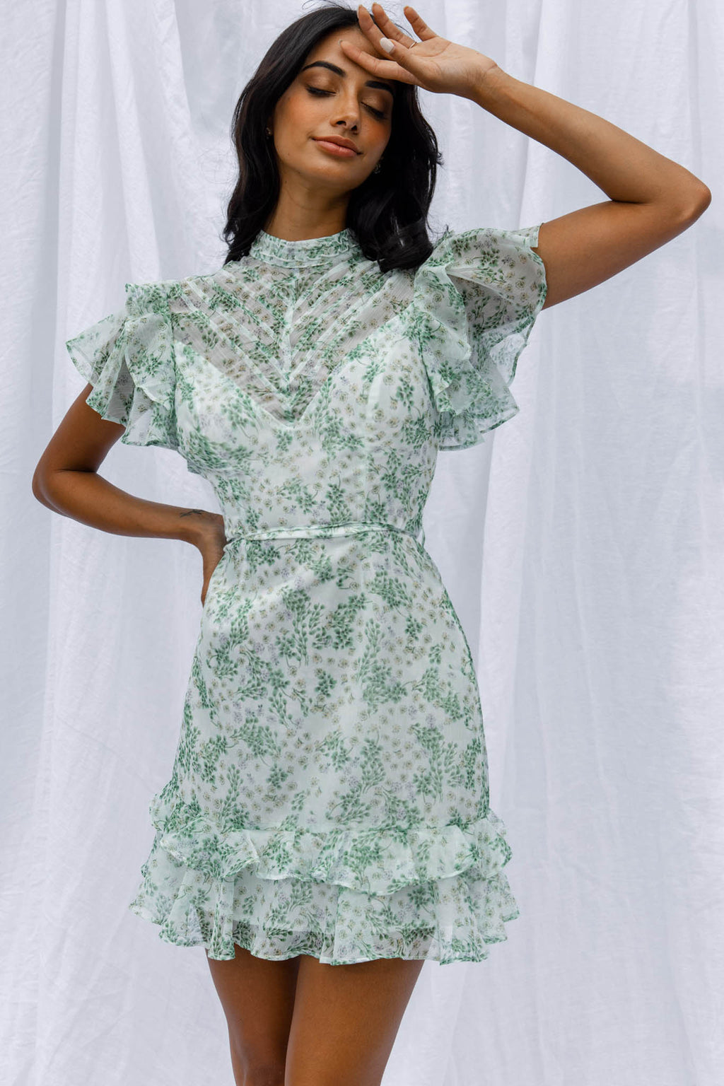 Lark High Neck Ruffle Sleeve Dress Clover Print Green by Selfie Leslie