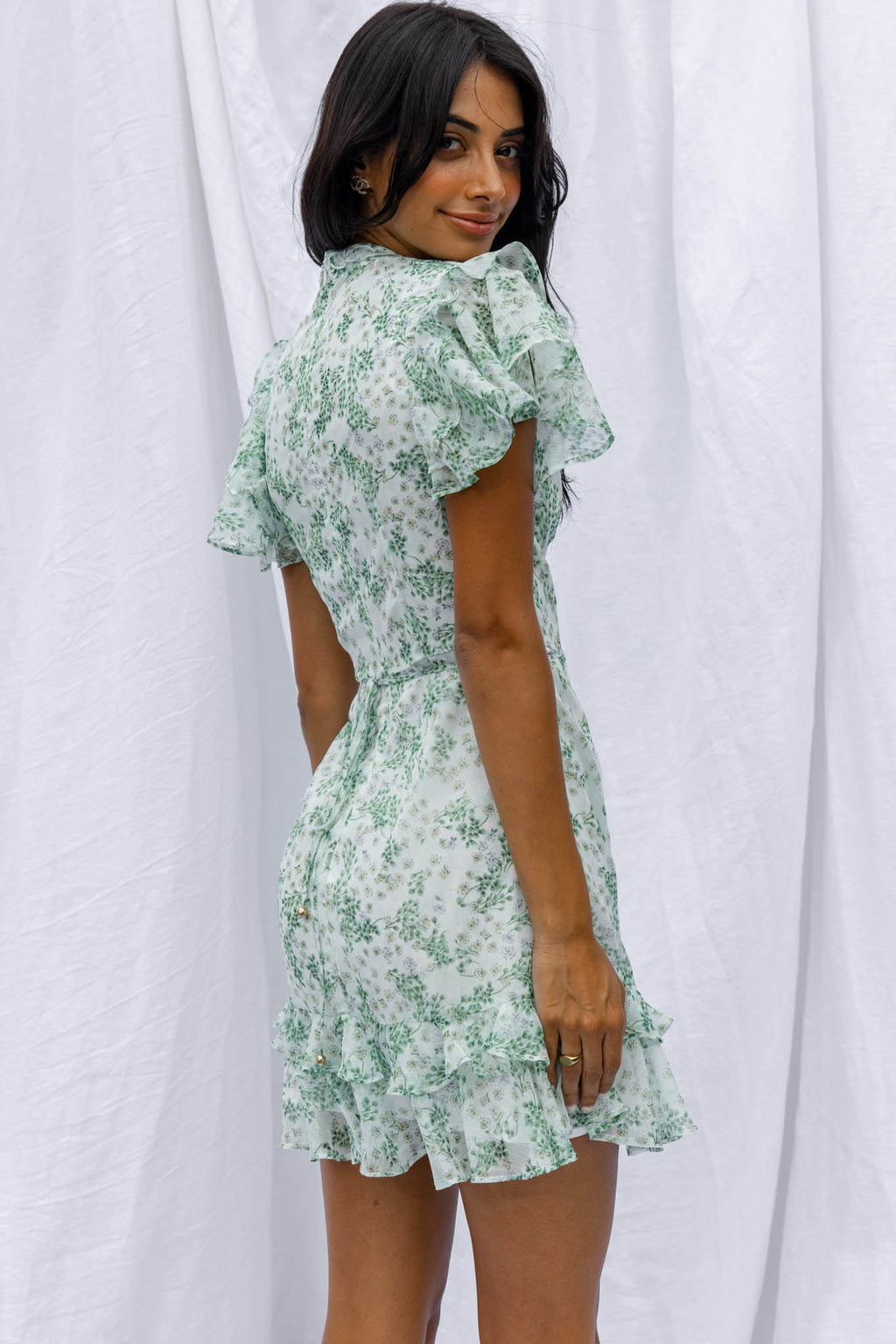 Lark High Neck Ruffle Sleeve Dress Clover Print Green by Selfie Leslie