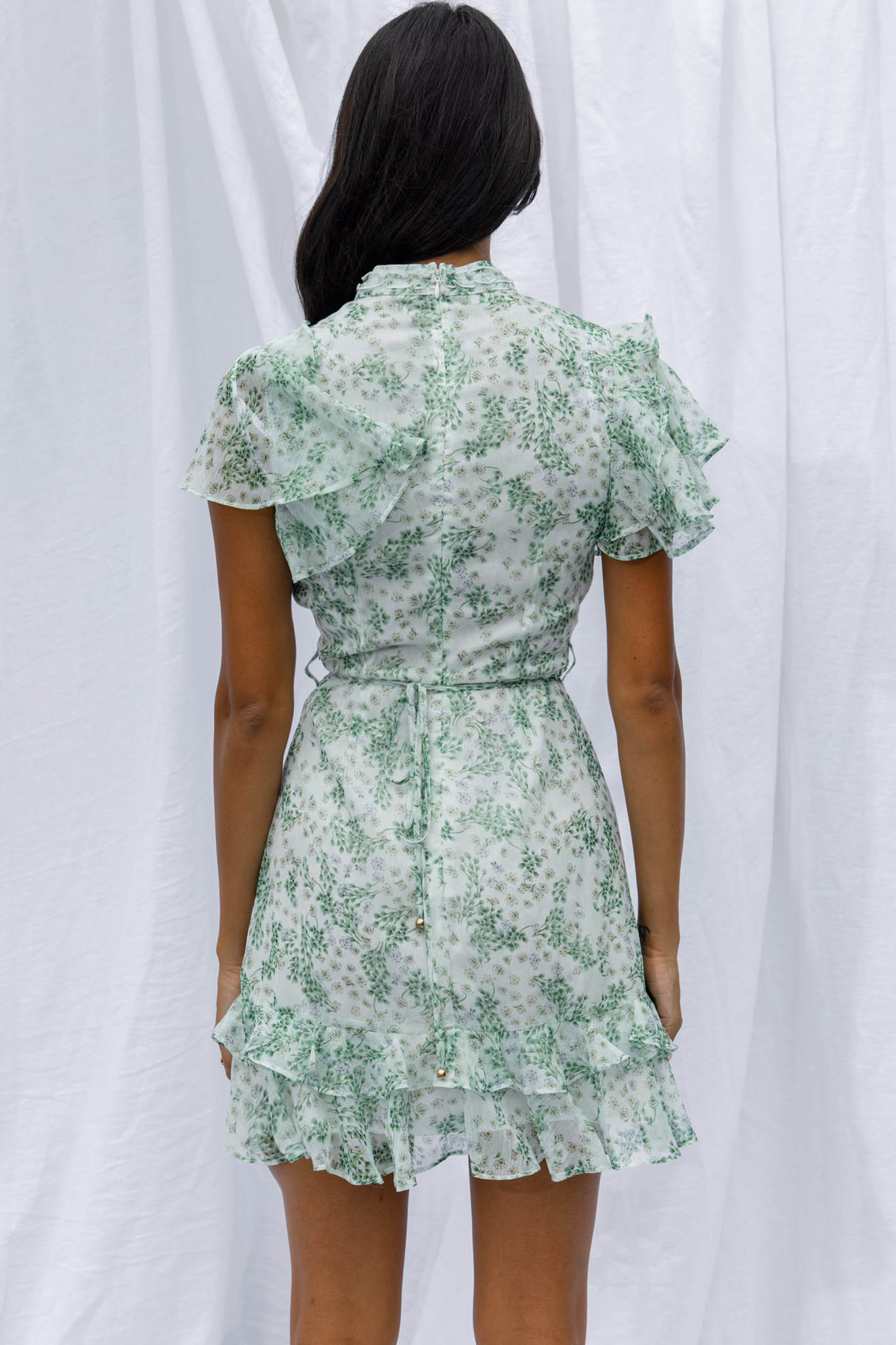 Lark High Neck Ruffle Sleeve Dress Clover Print Green by Selfie Leslie