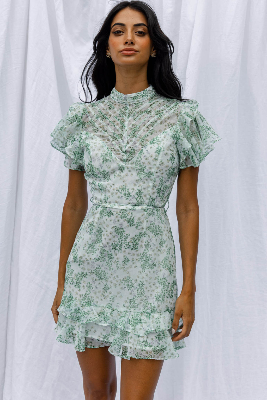 Lark High Neck Ruffle Sleeve Dress Clover Print Green by Selfie Leslie