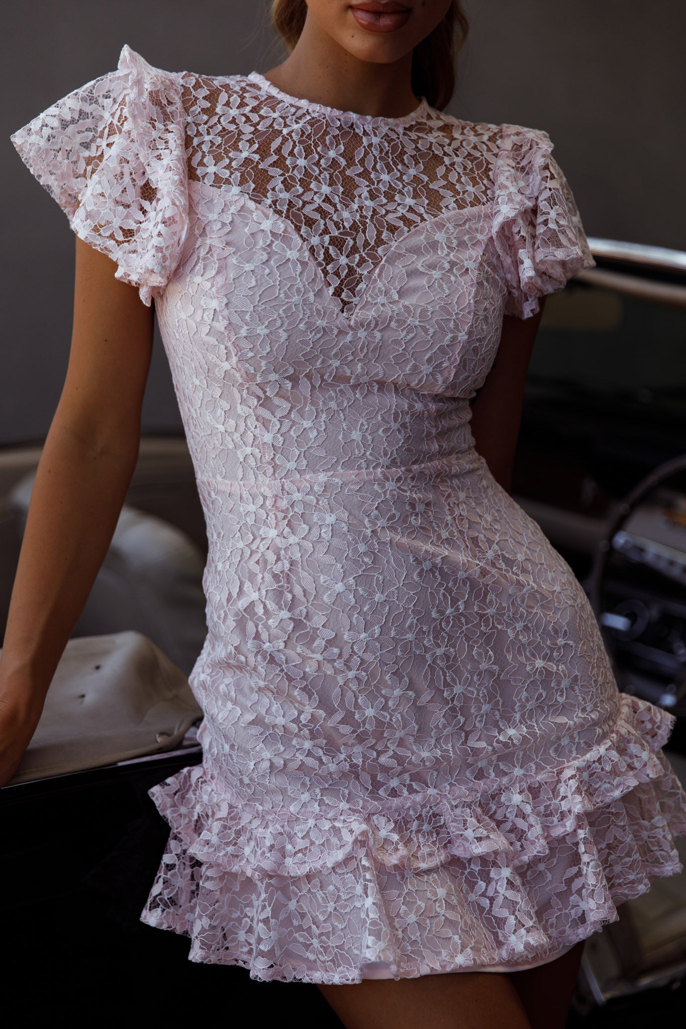 Lark Crew Neck Ruffle Sleeve Dress Lace Overlay Pink by Selfie Leslie