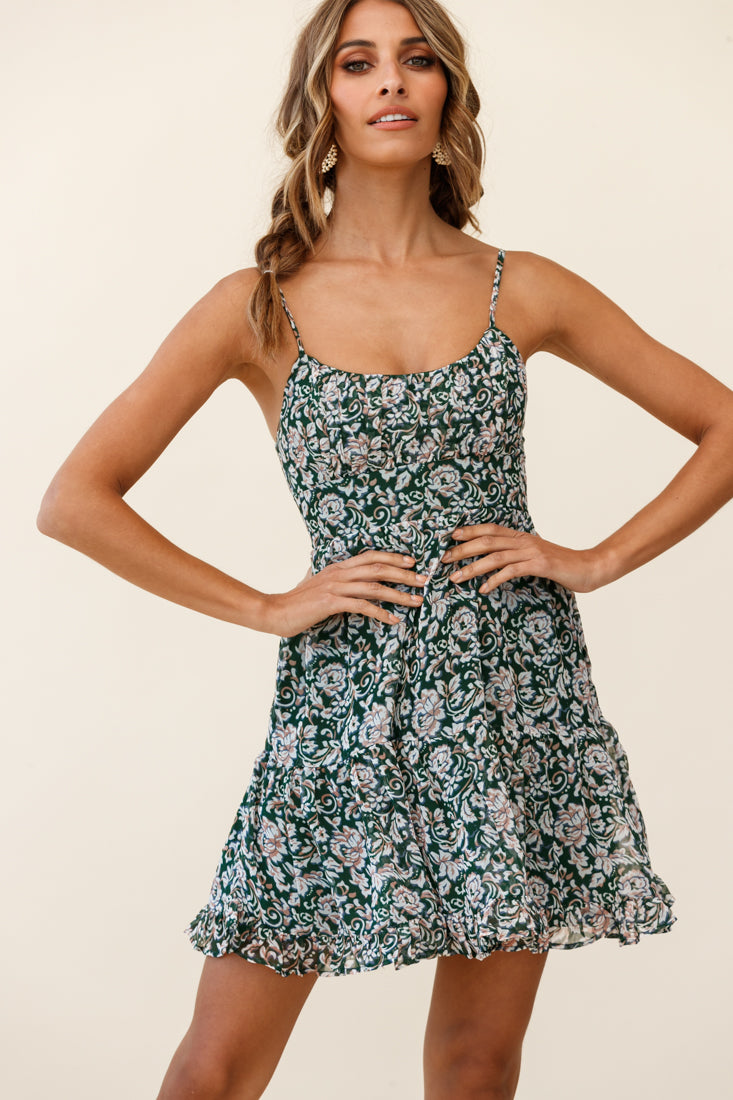 Eternal Sunshine Gathered Bust Babydoll Dress Ornate Floral Print Olive by Selfie Leslie