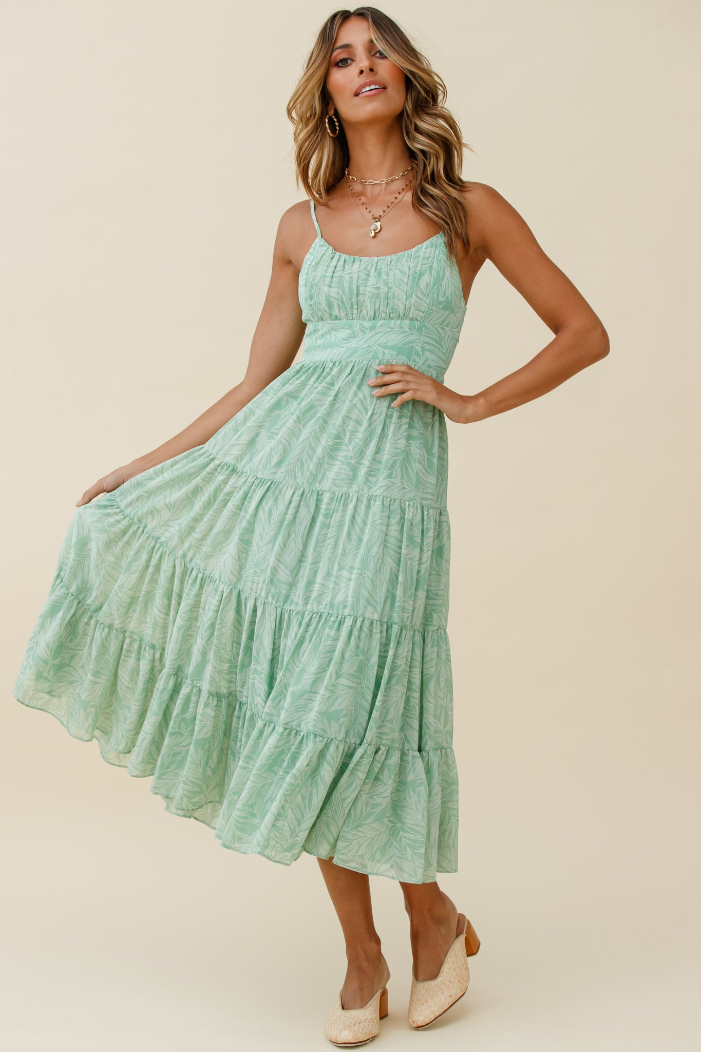 Eternal Sunshine Gathered Bust Maxi Dress Leaf Print Green by Selfie Leslie