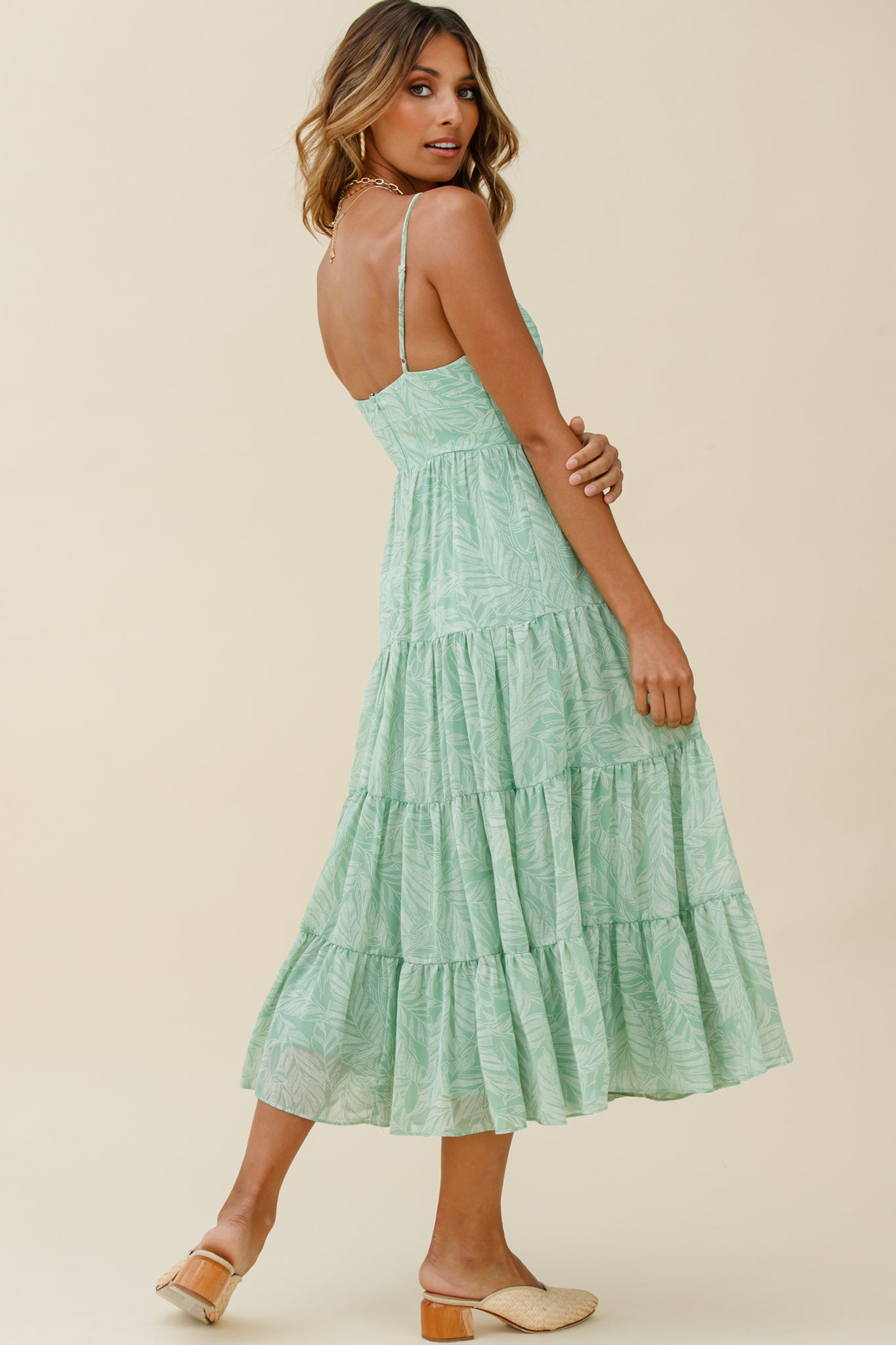 Eternal Sunshine Gathered Bust Maxi Dress Leaf Print Green by Selfie Leslie